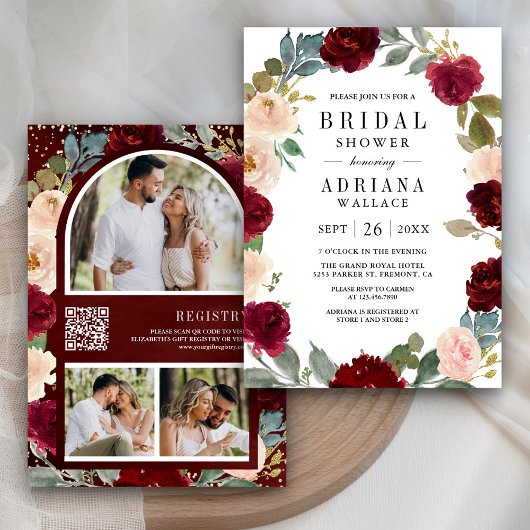 Invitation Burgundy Pêche Florale Photo QR Code Fête des mari