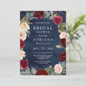 Invitation Burgundy Pêcher Floral Navy Fête des mariées bleue (Debout devant)