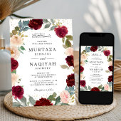 Invitation Burgundy Pêcher Floral QR Code Mariage musulman