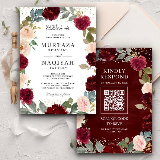 Invitation Burgundy Pêcher Floral QR Code Mariage musulman