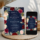 Invitation Burgundy Pêcher Floral QR Code Marine Mariage musu