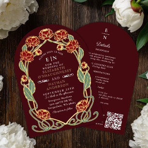 Invitation Burgundy Peony Art Nouveau Mariage QR Arch