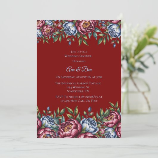 Invitation Burgundy Peony et Blue Rose Wedding shower (Debout devant)