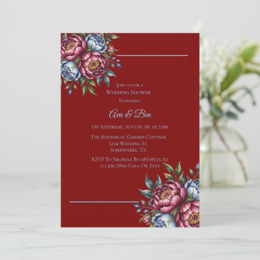 Invitation Burgundy Peony et Blue Rose Wedding shower (Debout devant)