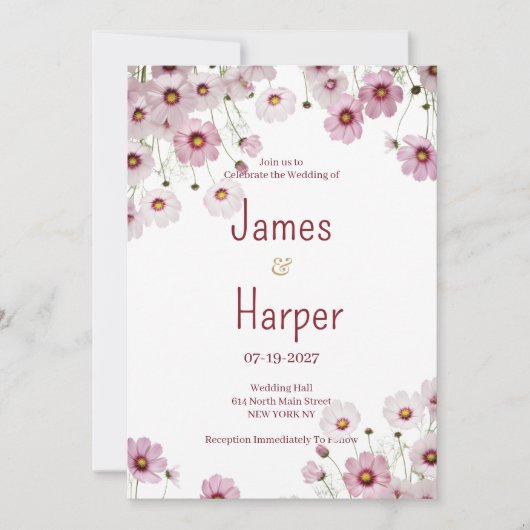 Invitation Burgundy pink blossom cosmos flower Wedding (Devant)