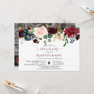Invitation Burgundy Pink Blue Floral Photo Retraite Party