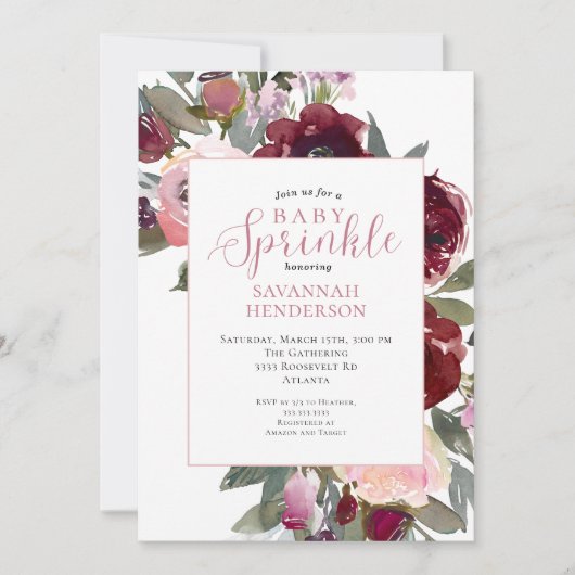 Invitation Burgundy Pink Floral Baby Girl Sprinkle Shower (Devant)