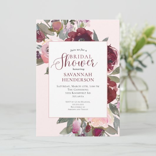 Invitation Burgundy Pink Floral Bridal Shower (Debout devant)