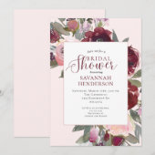 Invitation Burgundy Pink Floral Bridal Shower (Devant / Derrière)