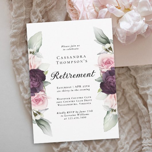 Invitation Burgundy Pink Floral Élégant Parti de retraite