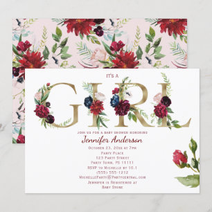 Invitation Burgundy Pink Gold Rose Baby Girl Show
