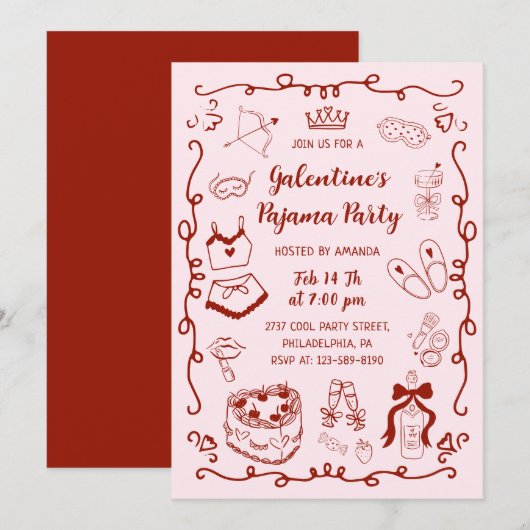 Invitation Burgundy Pink Hand Drawn Galentine's Pajama Party (Devant / Derrière)