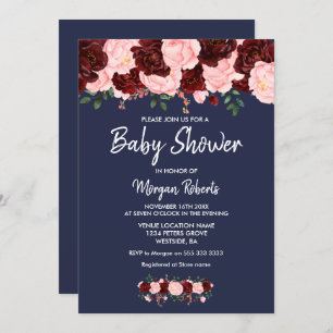 Invitation Burgundy Pink Navy Blue Floral Baby shower Invitat