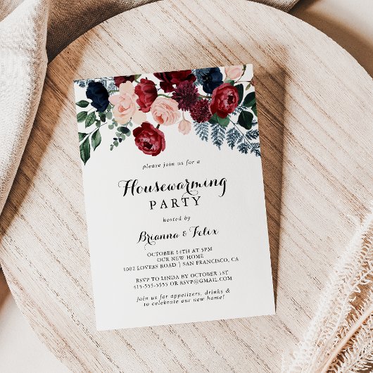 Invitation Burgundy Pink Navy Floral House Party