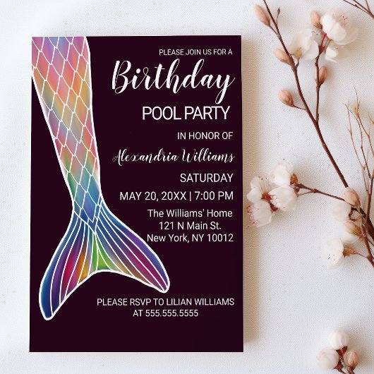 Invitation Burgundy Pink Purple Mermaid Piscine à queue Anniv