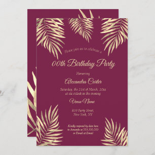 Invitation Burgundy Plum Sepia Gold Palmes fête d'anniversair