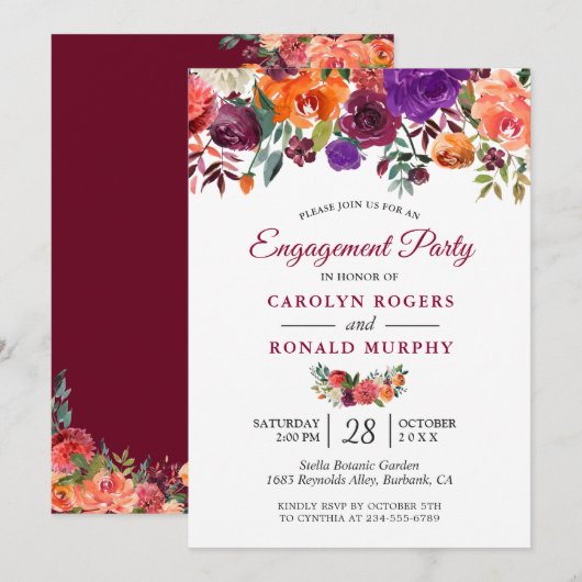 Invitation Burgundy Purple Orange Floral (Devant / Derrière)