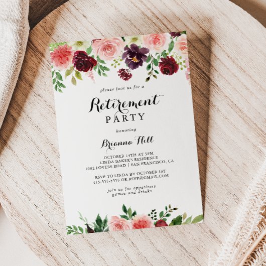 Invitation Burgundy Purple Spring Floral Retraite Party