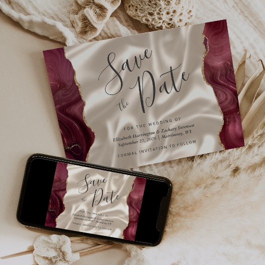 Invitation Burgundy Red Agate ivoire soie Enregistrer la date