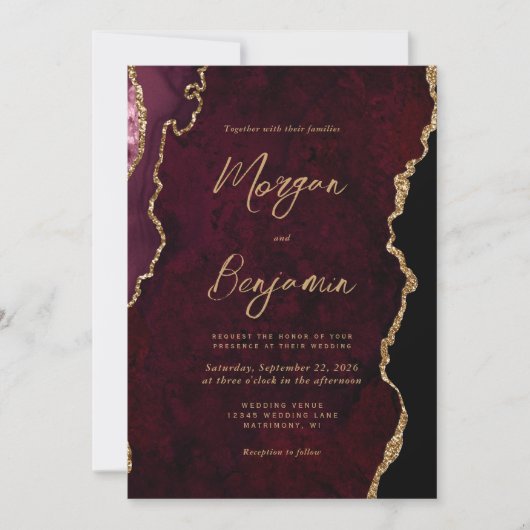 Invitation Burgundy Red Agate Script QR Code Mariage (Devant)