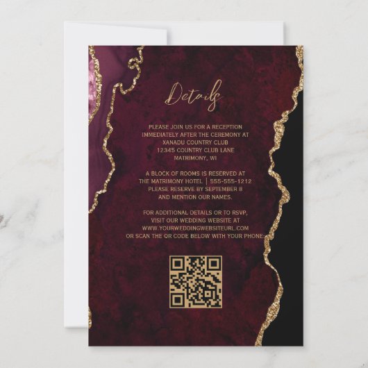 Invitation Burgundy Red Agate Script QR Code Mariage (Dos)