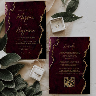 Invitation Burgundy Red Agate Script QR Code Mariage