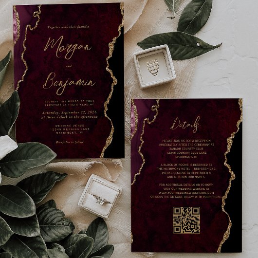 Invitation Burgundy Red Agate Script QR Code Mariage