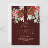 Invitation Burgundy Red and Gold Floral Modern Boho Wedding (Devant)