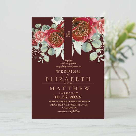 Invitation Burgundy Red and Gold Floral Modern Boho Wedding (Debout devant)