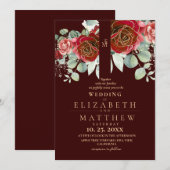 Invitation Burgundy Red and Gold Floral Modern Boho Wedding (Devant / Derrière)