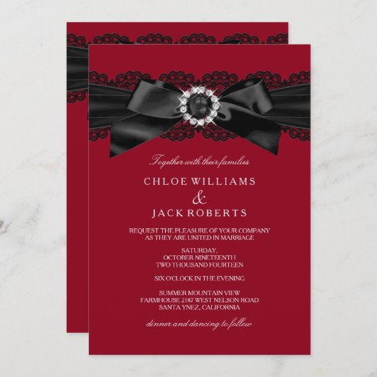 Invitation Burgundy Red & Black Pearl Bow Wedding Invite (Devant / Derrière)