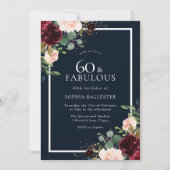 Invitation Burgundy Red Blush Floral Navy 60e fête d'annivers (Devant)