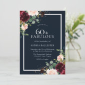 Invitation Burgundy Red Blush Floral Navy 60e fête d'annivers (Debout devant)