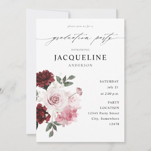 Invitation Burgundy Red & Blush Pink Floral Graduation Party (Devant)