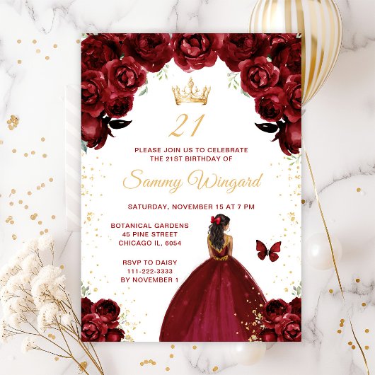 Invitation Burgundy Red Dark Skin Princess