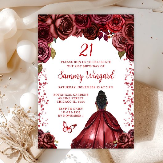 Invitation Burgundy Red Dark Skin Princess