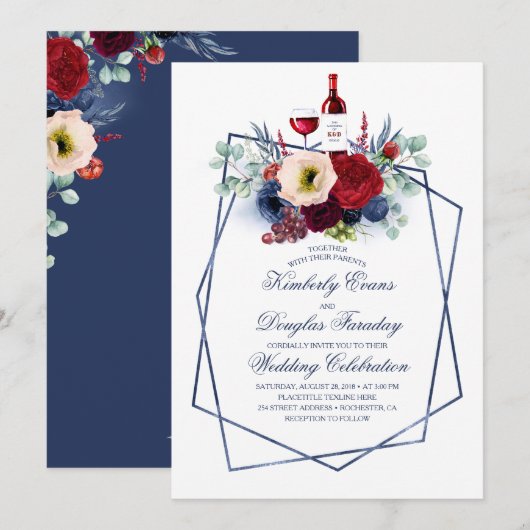 Invitation Burgundy Red et Navy Blue Floral WinMariage (Devant / Derrière)