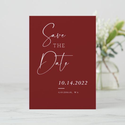 Invitation Burgundy Red Fall Chic Script Enregistrer la date (Debout devant)