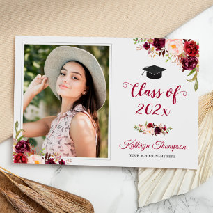 Invitation Burgundy Red Floral Grad Photo Party