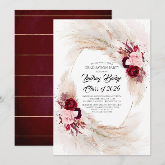 Invitation Burgundy Red Floral Pampas Graduation Party (Devant / Derrière)