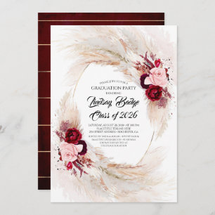 Invitation Burgundy Red Floral Pampas Graduation Party