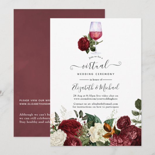 Invitation Burgundy Red Floral Vin thème Mariage virtuel (Devant / Derrière)