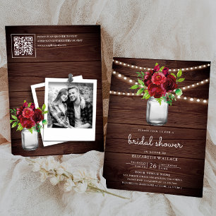 Invitation Burgundy Red Floral Wood QR Code Fête des mariées