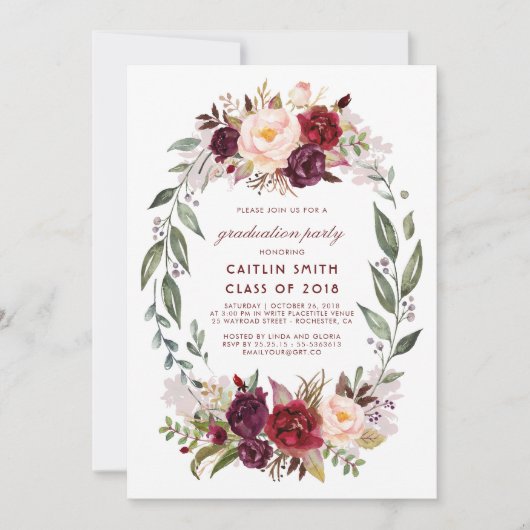 Invitation Burgundy Red Floral Wreath Graduation Party (Devant)