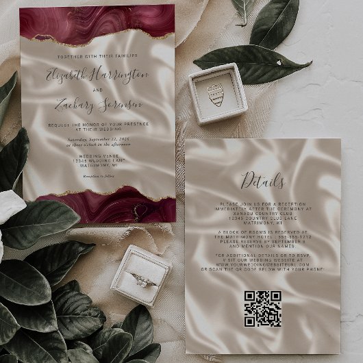 Invitation Burgundy Red Gold Agate Ivory Silk QR Code Mariage