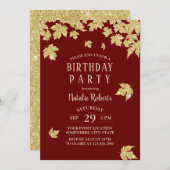 Invitation Burgundy Red & Gold Feuilles moderne fête d'annive (Devant / Derrière)