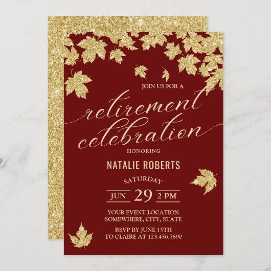 Invitation Burgundy Red & Gold Feuilles Parti de retraite mod (Devant / Derrière)