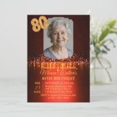 Invitation Burgundy Red & Gold Glitter Photo 80th Birthday (Debout devant)