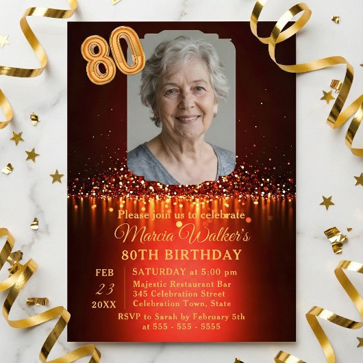 Invitation Burgundy Red & Gold Glitter Photo 80th Birthday