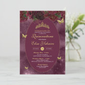 Invitation Burgundy Red Gold Luxury Butterfly Quinceanera (Debout devant)